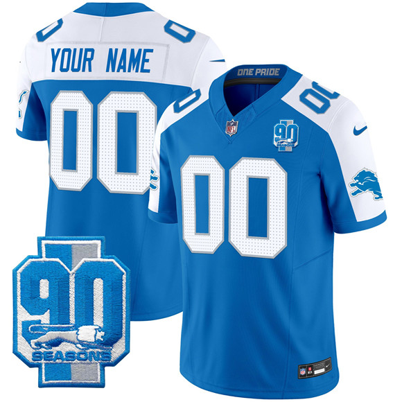 Men's Detroit Lions Active Player Custom Blue/White 2025 F.U.S.E. 90th Year Patch Limited Stitched Football Jersey